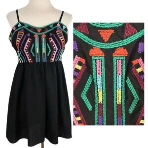 STARING AT STARS Linen Babydoll DRESS 0 XS Y2K TOP Black Embroidered Tank